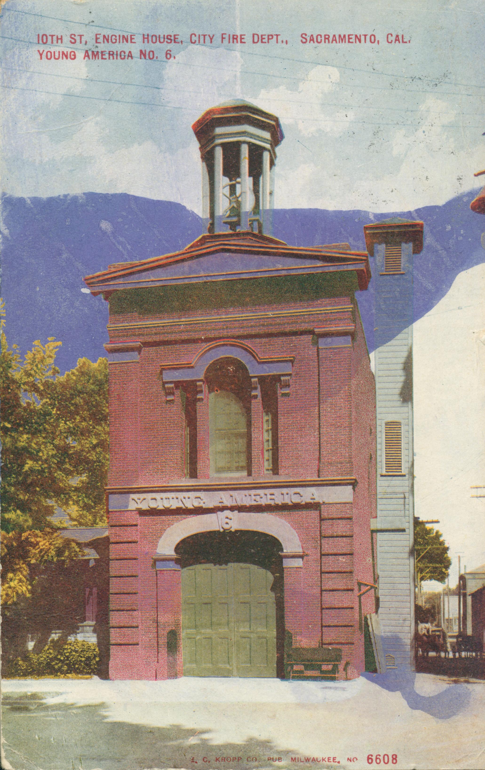 This postcard shows the exterior of the 10th Street fire station in Sacramento.